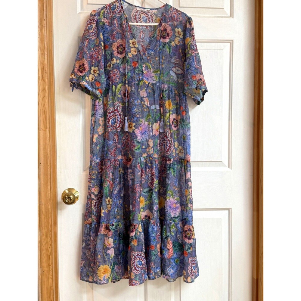 Johnny Was Lilliana Tiered Maxi Dress Puff Short Sleeve Cotton Silk Size M